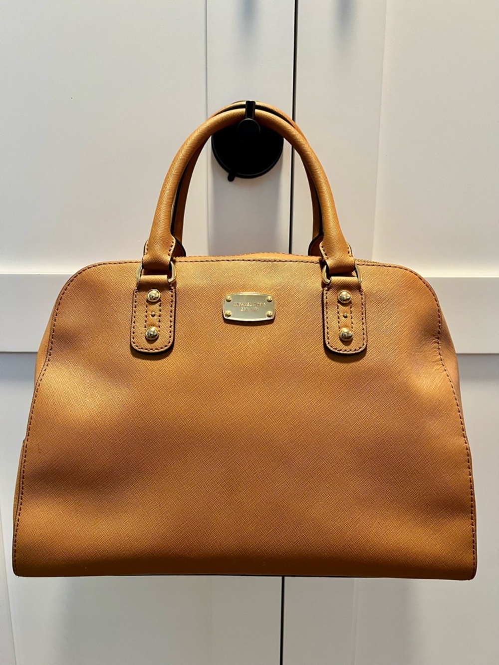 Michael Kors Saffiano Leather Satchel Tan Structured Bag Gold Hardware